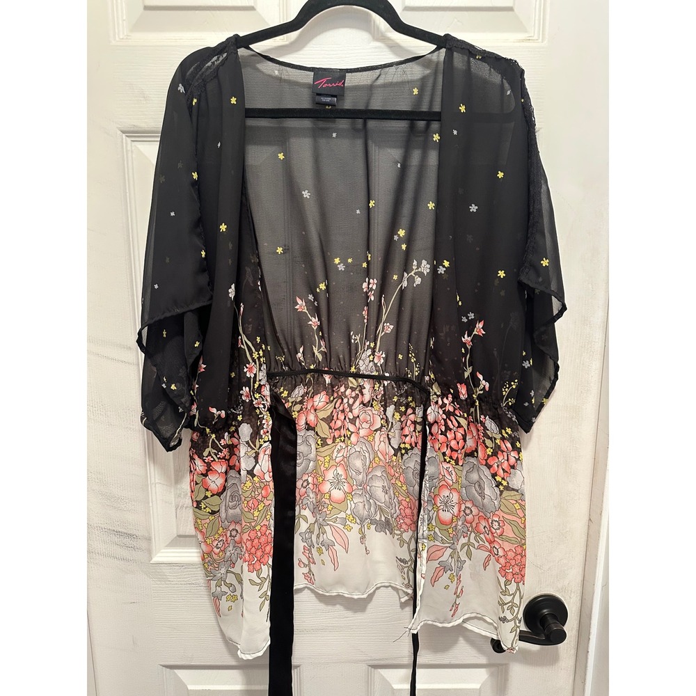 Torrid Sheer Floral Kimono Top Black Lace Trim Tie Waist Size 0 Plus Size